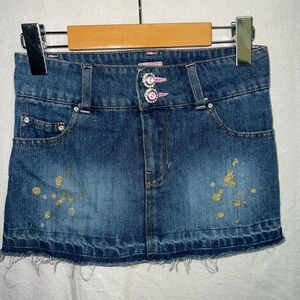 Y2K Stuff by Hilary Duff Denim Mini Skirt Size 8 | Rhinestone Heart Wings